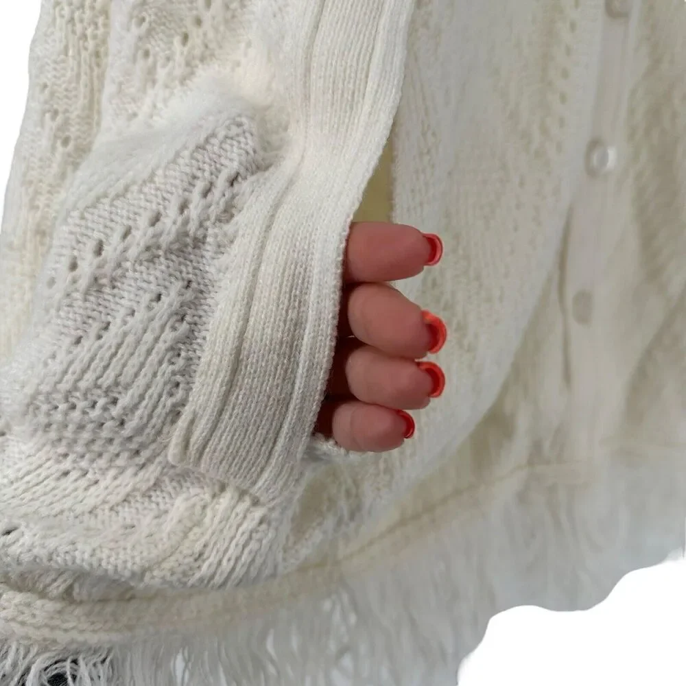 Bradley Vintage Cape Sweater Cream Knit Fringe Womens Bohemian Festival Collared